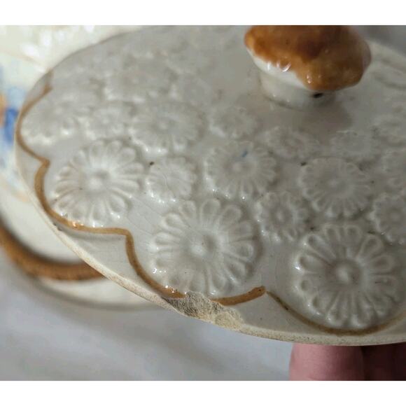 Vintage Japanese Painted Floral Embossed Biscuit Jar Ceramic Wicker Handle - Picture 9 of 12